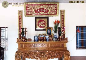 Bộ hoành phi câu đối bằng đồng KT 1m76 chất liệu đồng vàng nền đỏ